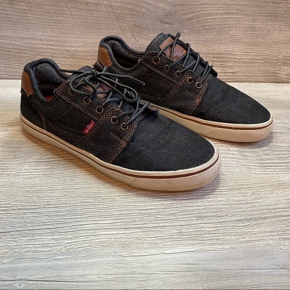 Mens Levi’s dark denim canvas leather patch slip on sneakers red tab size 7.5 - Picture 4 of 11